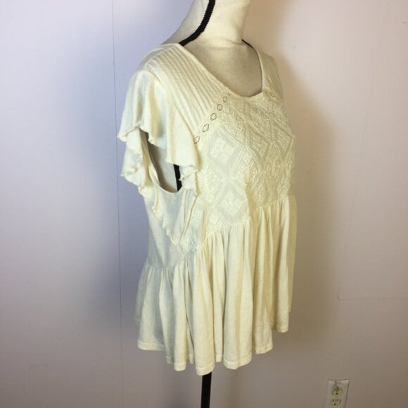 Lucky Brand Blouse Top Sz L Womans Ivory Cream Linen Knit Embroidered Lace Boho - Picture 3 of 16